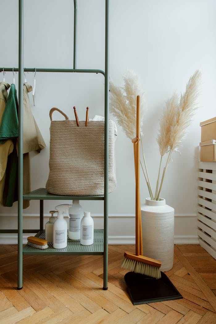 Stylish home interior featuring cleaning supplies, decor, and clothing rack for an organized living space.
